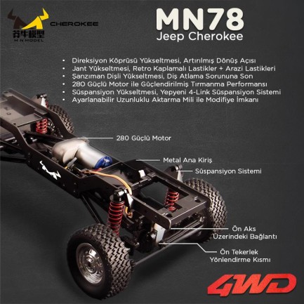 MN Model MN78 1/12 Jeep Cherokee 4x4 RC Model Crawler Offroad Truck Uzaktan Kumandalı Araba RTR Gümüş+Dahili Işık Seti - Thumbnail
