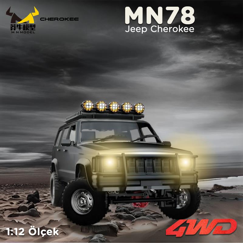 MN Model MN78 1/12 Jeep Cherokee 4x4 RC Model Crawler Offroad Truck Uzaktan Kumandalı Araba RTR Gümüş+Dahili Işık Seti MN-78