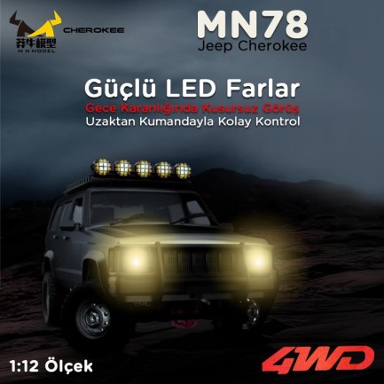MN Model MN78 1/12 Jeep Cherokee 4x4 RC Model Crawler Offroad Truck Uzaktan Kumandalı Araba RTR Gümüş+Dahili Işık Seti MN-78 - Thumbnail