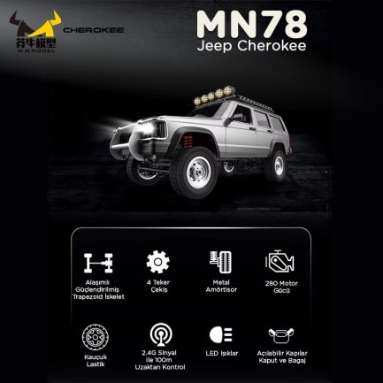 MN Model MN78 1/12 Jeep Cherokee 4x4 RC Model Crawler Offroad Truck Uzaktan Kumandalı Araba RTR Gümüş+Dahili Işık Seti MN-78 - Thumbnail