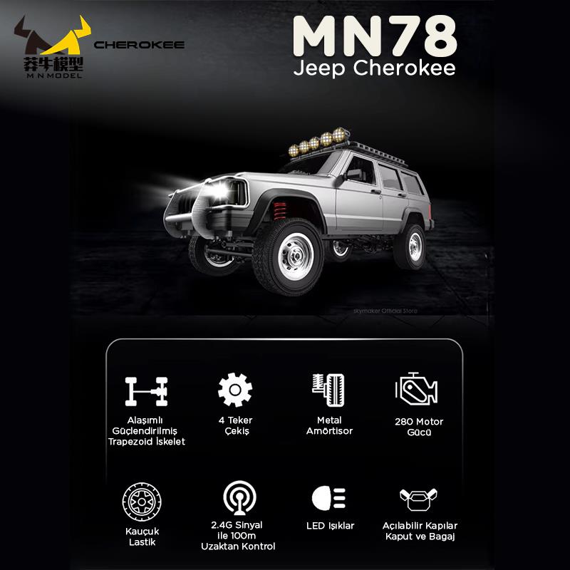 MN Model MN78 1/12 Jeep Cherokee 4x4 RC Model Crawler Offroad Truck Uzaktan Kumandalı Araba RTR Gümüş+Dahili Işık Seti MN-78