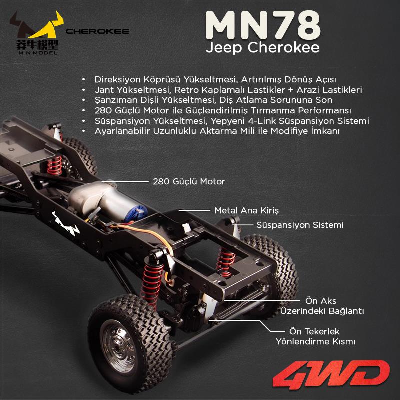 MN Model MN78 1/12 Jeep Cherokee 4x4 RC Model Crawler Offroad Truck Uzaktan Kumandalı Araba RTR Gümüş+Dahili Işık Seti MN-78