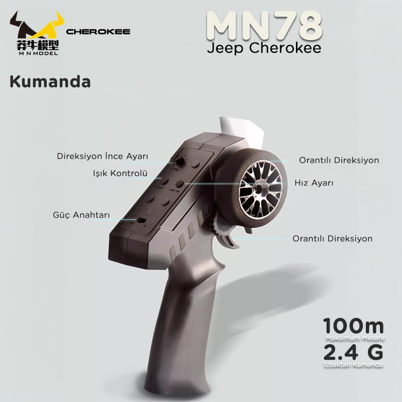 MN Model MN78 1/12 Jeep Cherokee 4x4 RC Model Crawler Offroad Truck Uzaktan Kumandalı Araba RTR Gümüş+Dahili Işık Seti MN-78