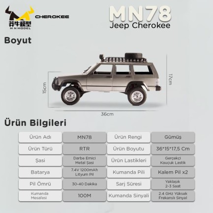 MN Model MN78 1/12 Jeep Cherokee 4x4 RC Model Crawler Offroad Truck Uzaktan Kumandalı Araba RTR Gümüş+Dahili Işık Seti MN-78 - Thumbnail