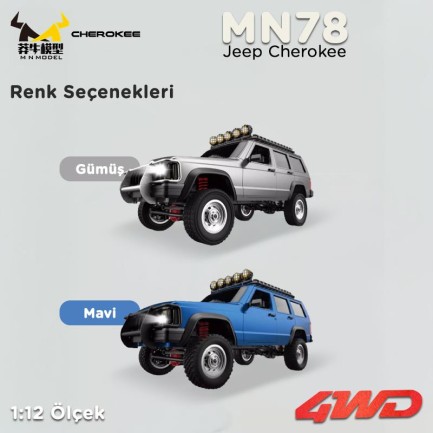 MN Model MN78 1/12 Jeep Cherokee 4x4 RC Model Crawler Offroad Truck Uzaktan Kumandalı Araba RTR Gümüş+Dahili Işık Seti MN-78 - Thumbnail