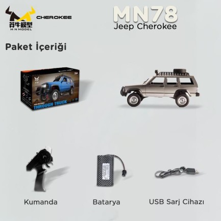 MN Model MN78 1/12 Jeep Cherokee 4x4 RC Model Crawler Offroad Truck Uzaktan Kumandalı Araba RTR Gümüş+Dahili Işık Seti MN-78 - Thumbnail