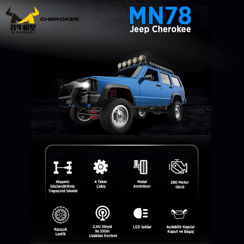 MN Model MN78 1/12 Jeep Cherokee 4x4 RC Model Crawler Offroad Truck Uzaktan Kumandalı Araba RTR Mavi+Dahili Işık Seti