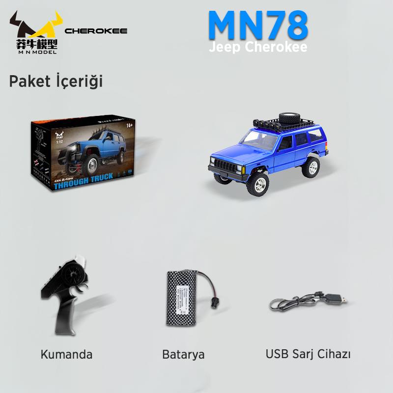 MN Model MN78 1/12 Jeep Cherokee 4x4 RC Model Crawler Offroad Truck Uzaktan Kumandalı Araba RTR Mavi+Dahili Işık Seti