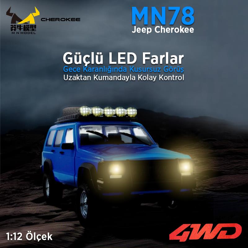 MN Model MN78 1/12 Jeep Cherokee 4x4 RC Model Crawler Offroad Truck Uzaktan Kumandalı Araba RTR Mavi+Dahili Işık Seti