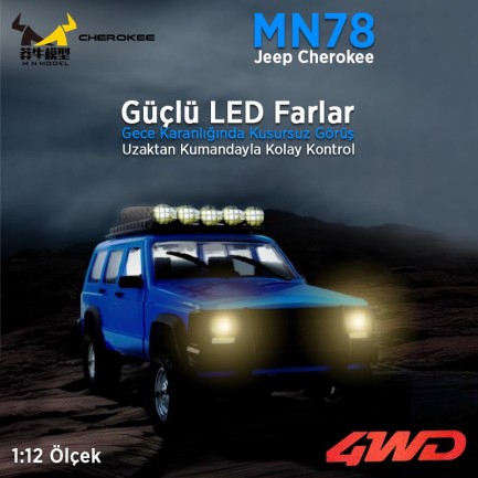 MN Model MN78 1/12 Jeep Cherokee 4x4 RC Model Crawler Offroad Truck Uzaktan Kumandalı Araba RTR Mavi+Dahili Işık Seti MN-78 - Thumbnail
