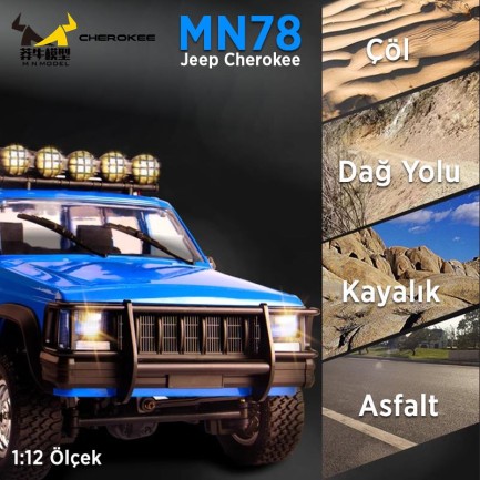 MN Model MN78 1/12 Jeep Cherokee 4x4 RC Model Crawler Offroad Truck Uzaktan Kumandalı Araba RTR Mavi+Dahili Işık Seti MN-78 - Thumbnail