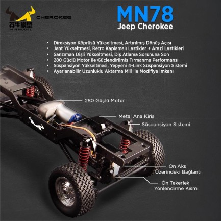 MN Model MN78 1/12 Jeep Cherokee 4x4 RC Model Crawler Offroad Truck Uzaktan Kumandalı Araba RTR Mavi+Dahili Işık Seti MN-78 - Thumbnail