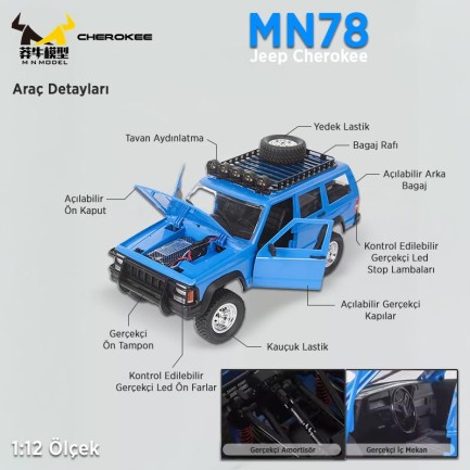 MN Model MN78 1/12 Jeep Cherokee 4x4 RC Model Crawler Offroad Truck Uzaktan Kumandalı Araba RTR Mavi+Dahili Işık Seti MN-78 - Thumbnail