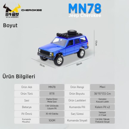 MN Model MN78 1/12 Jeep Cherokee 4x4 RC Model Crawler Offroad Truck Uzaktan Kumandalı Araba RTR Mavi+Dahili Işık Seti MN-78 - Thumbnail