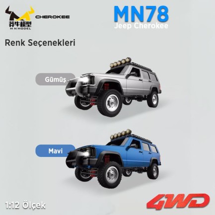 MN Model MN78 1/12 Jeep Cherokee 4x4 RC Model Crawler Offroad Truck Uzaktan Kumandalı Araba RTR Mavi+Dahili Işık Seti MN-78 - Thumbnail
