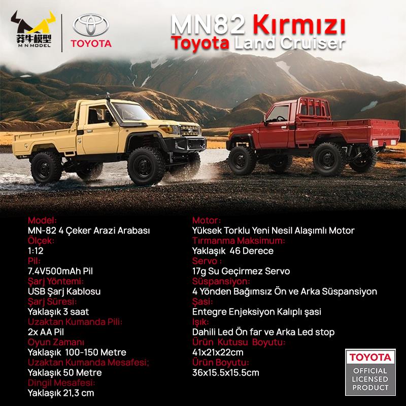 MN Model MN82 1/12 Toyota Land Cruiser LC79 4WD RC Model Crawler Offroad Uzaktan Kumandalı Araba Truck RTR Lisanslı Kırmızı+Dahili Işık Seti MN-82