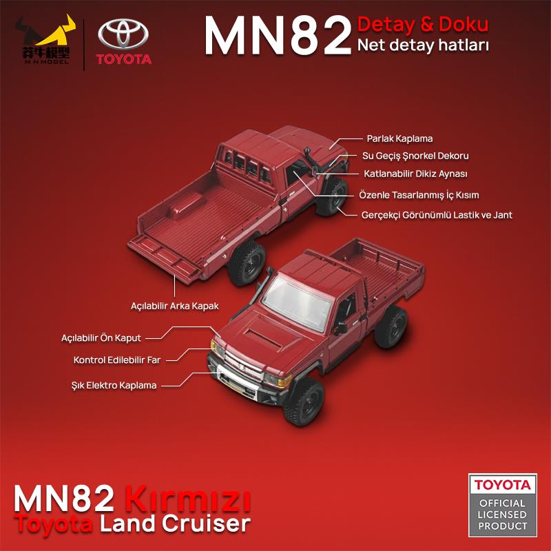 MN Model MN82 1/12 Toyota Land Cruiser LC79 4WD RC Model Crawler Offroad Uzaktan Kumandalı Araba Truck RTR Lisanslı Kırmızı+Dahili Işık Seti MN-82