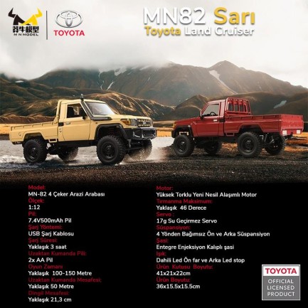 MN Model MN82 1/12 Toyota Land Cruiser LC79 4WD RC Model Crawler Offroad Uzaktan Kumandalı Araba Truck RTR Lisanslı Sarı+Dahili Işık Seti MN-82 - Thumbnail