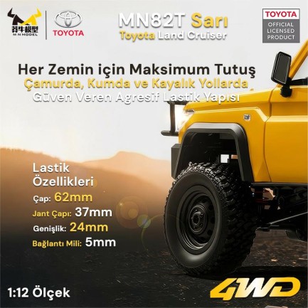 MN Model MN82T 1/12 Toyota Land Cruiser LC79 4WD RC Model Crawler Offroad Uzaktan Kumandalı Araba Truck RTR Lisanslı Sarı+Elektrikli Vinç+Dahili Işık Seti MN-82T - Thumbnail