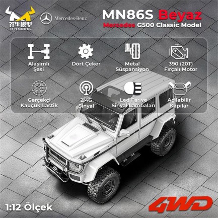 MN Model MN86S Mercedes G500 4WD RC Crawler Uzaktan Kumandalı Araba Beyaz - Thumbnail
