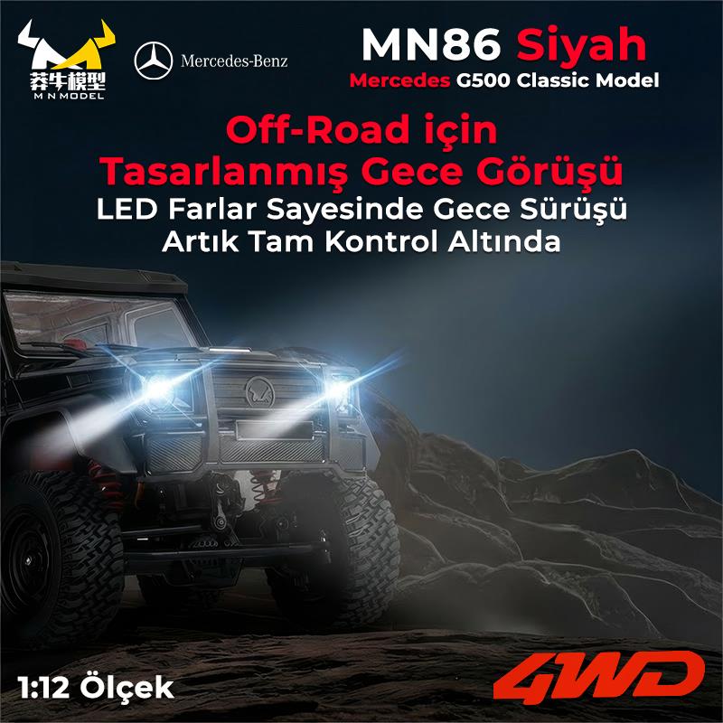 MN Model MN86 1/12 G-Wagon Mercedes G500 4WD RC Crawler Offroad Uzaktan Kumandalı Araba Arazi Aracı RC Model Car Truck RTR Siyah+Dahili Işık Seti MN-86