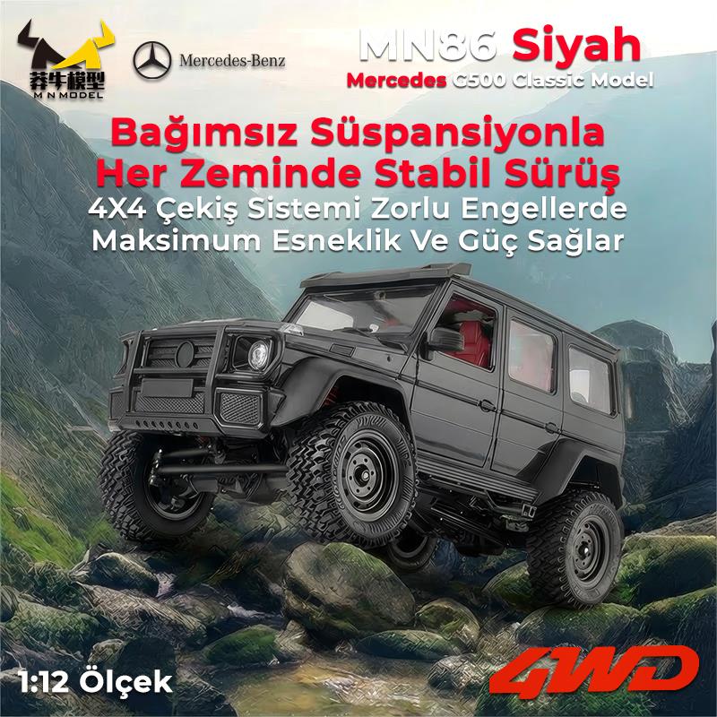 MN Model MN86 1/12 G-Wagon Mercedes G500 4WD RC Crawler Offroad Uzaktan Kumandalı Araba Arazi Aracı RC Model Car Truck RTR Siyah+Dahili Işık Seti MN-86