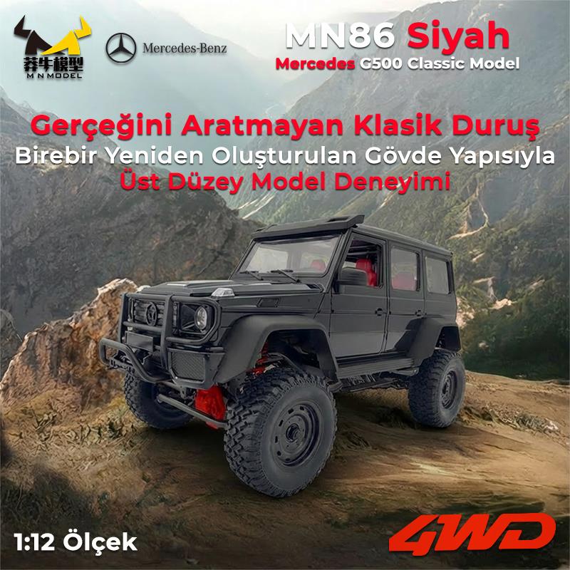 MN Model MN86 1/12 G-Wagon Mercedes G500 4WD RC Crawler Offroad Uzaktan Kumandalı Araba Arazi Aracı RC Model Car Truck RTR Siyah+Dahili Işık Seti MN-86