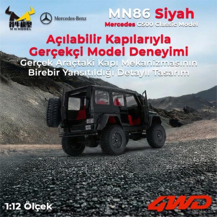 MN Model MN86 1/12 G-Wagon Mercedes G500 4WD RC Crawler Offroad Uzaktan Kumandalı Araba Arazi Aracı RC Model Car Truck RTR Siyah+Dahili Işık Seti MN-86 - Thumbnail