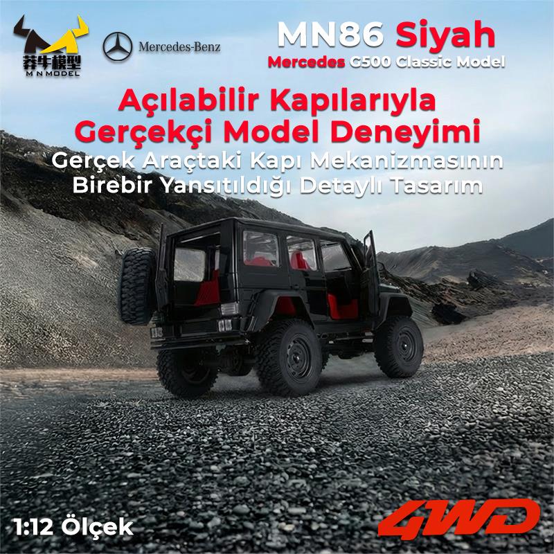 MN Model MN86 1/12 G-Wagon Mercedes G500 4WD RC Crawler Offroad Uzaktan Kumandalı Araba Arazi Aracı RC Model Car Truck RTR Siyah+Dahili Işık Seti MN-86