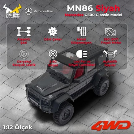 MN Model MN86 1/12 G-Wagon Mercedes G500 4WD RC Crawler Offroad Uzaktan Kumandalı Araba Arazi Aracı RC Model Car Truck RTR Siyah+Dahili Işık Seti MN-86 - Thumbnail