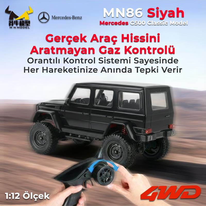MN Model MN86 1/12 G-Wagon Mercedes G500 4WD RC Crawler Offroad Uzaktan Kumandalı Araba Arazi Aracı RC Model Car Truck RTR Siyah+Dahili Işık Seti MN-86