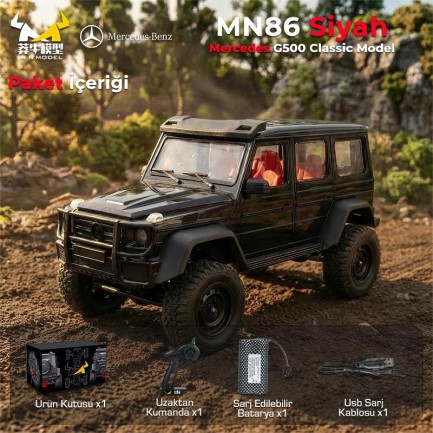 MN Model MN86 1/12 G-Wagon Mercedes G500 4WD RC Crawler Offroad Uzaktan Kumandalı Araba Arazi Aracı RC Model Car Truck RTR Siyah+Dahili Işık Seti MN-86 - Thumbnail