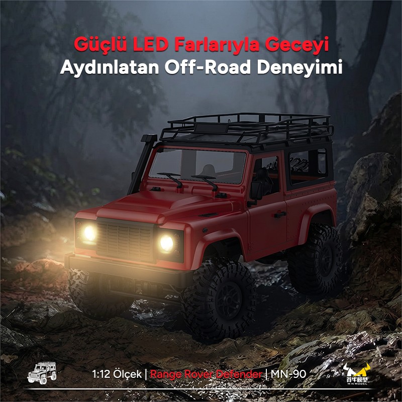MN Model MN90 1/12 Land Rover Defender D90 4WD RC Model Crawler Offroad Uzaktan Kumandalı Araba Arazi Aracı Truck RTR Kırmızı MN-90 +Dahili Işık Seti