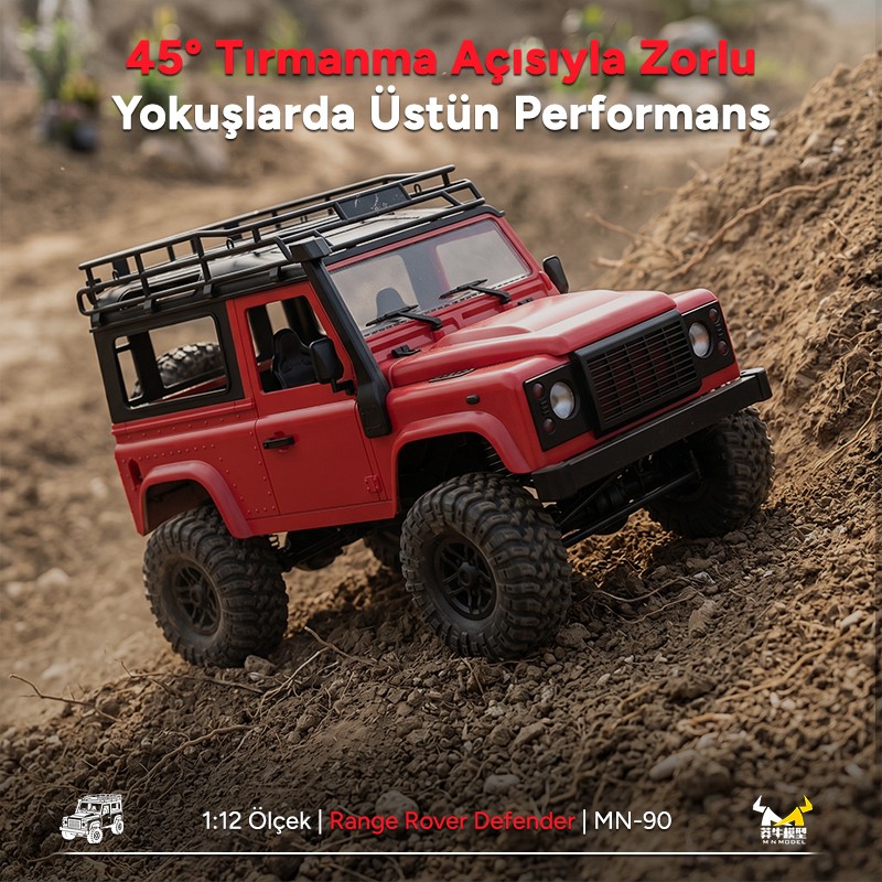 MN Model MN90 1/12 Land Rover Defender D90 4WD RC Model Crawler Offroad Uzaktan Kumandalı Araba Arazi Aracı Truck RTR Kırmızı MN-90 +Dahili Işık Seti
