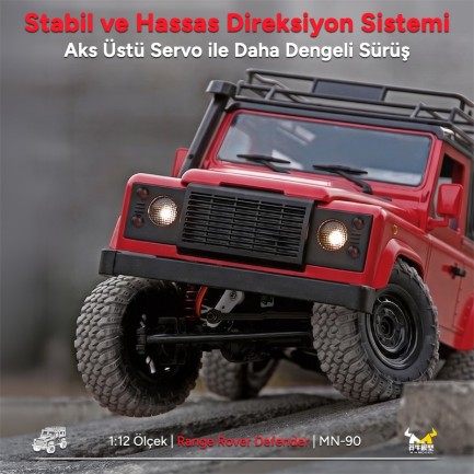 MN Model MN90 1/12 Land Rover Defender D90 4WD RC Model Crawler Offroad Uzaktan Kumandalı Araba Arazi Aracı Truck RTR Kırmızı MN-90 +Dahili Işık Seti - Thumbnail