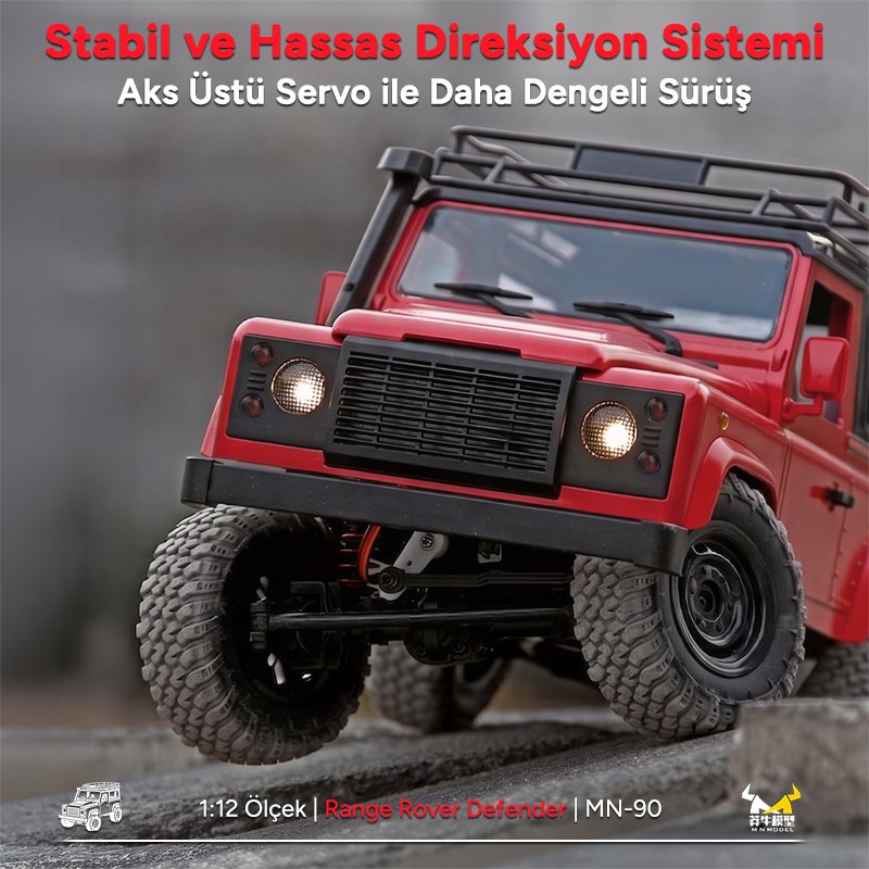 MN Model MN90 1/12 Land Rover Defender D90 4WD RC Model Crawler Offroad Uzaktan Kumandalı Araba Arazi Aracı Truck RTR Kırmızı MN-90 +Dahili Işık Seti