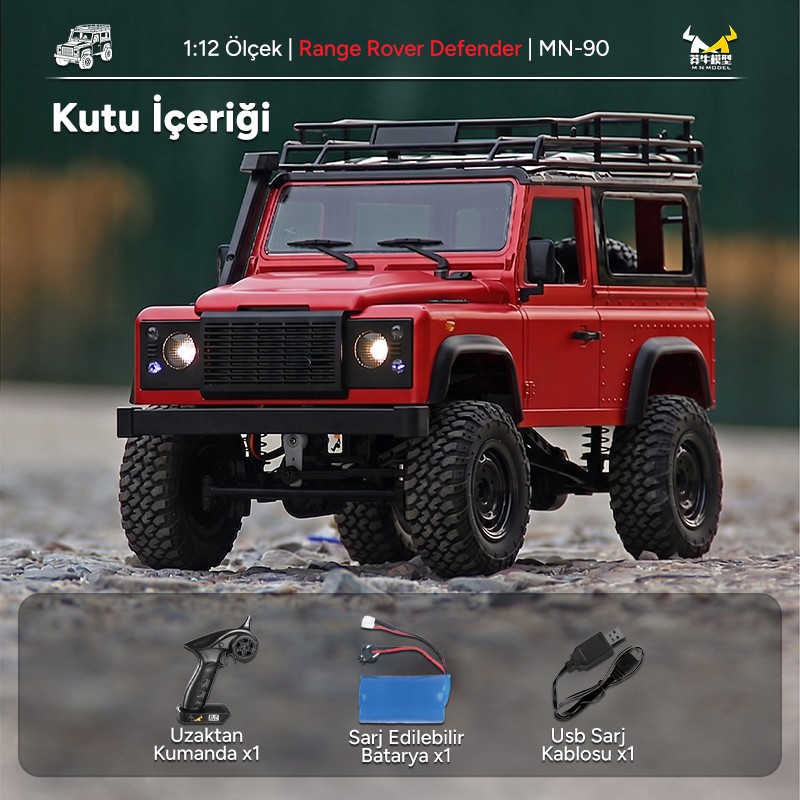 MN Model MN90 1/12 Land Rover Defender D90 4WD RC Model Crawler Offroad Uzaktan Kumandalı Araba Arazi Aracı Truck RTR Kırmızı MN-90 +Dahili Işık Seti