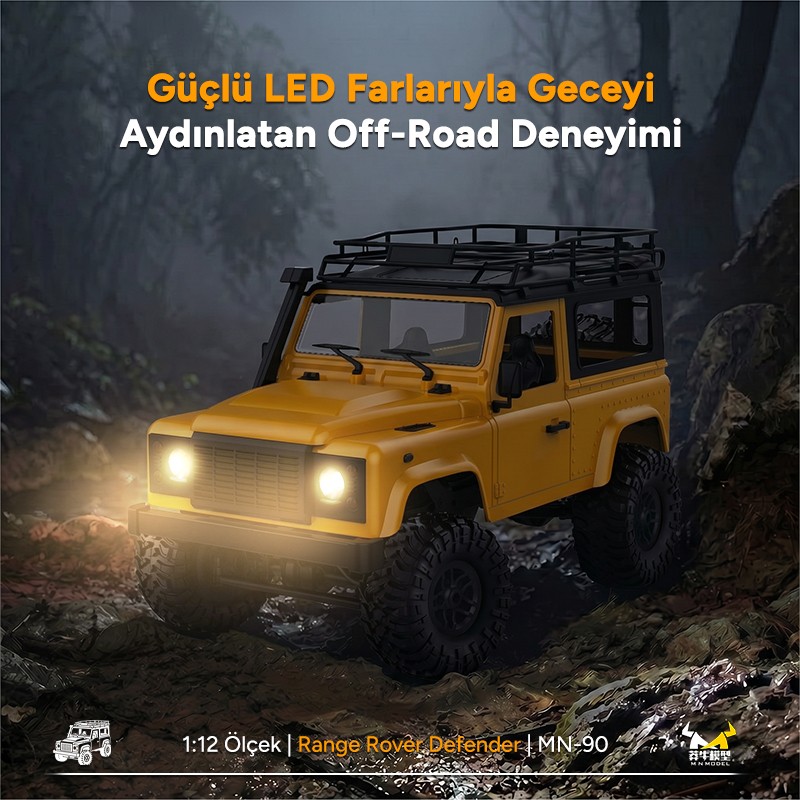 MN Model MN90 1/12 Land Rover Defender D90 4WD RC Model Crawler Offroad Uzaktan Kumandalı Araba Arazi Aracı Truck RTR Sarı MN-90 +Dahili Işık Seti