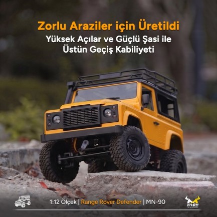 MN Model MN90 1/12 Land Rover Defender D90 4WD RC Model Crawler Offroad Uzaktan Kumandalı Araba Arazi Aracı Truck RTR Sarı MN-90 +Dahili Işık Seti - Thumbnail