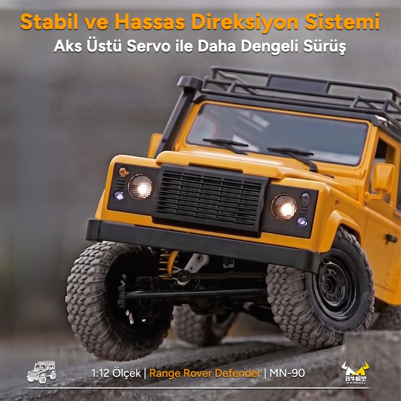 MN Model MN90 1/12 Land Rover Defender D90 4WD RC Model Crawler Offroad Uzaktan Kumandalı Araba Arazi Aracı Truck RTR Sarı MN-90 +Dahili Işık Seti