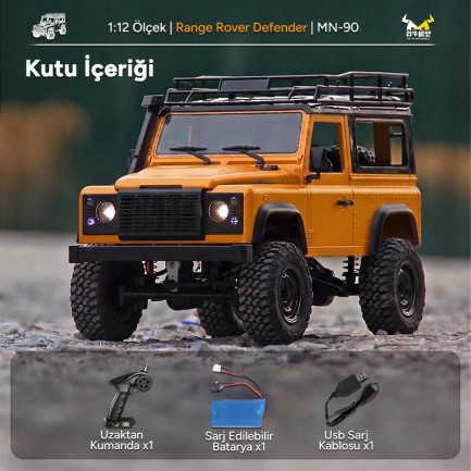 MN Model MN90 1/12 Land Rover Defender D90 4WD RC Model Crawler Offroad Uzaktan Kumandalı Araba Arazi Aracı Truck RTR Sarı MN-90 +Dahili Işık Seti - Thumbnail
