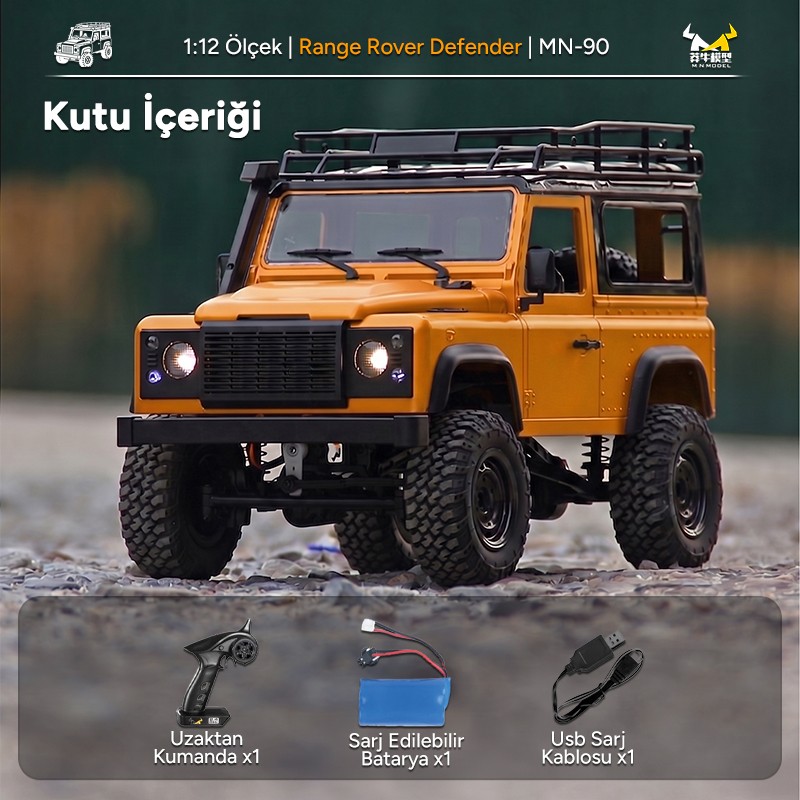 MN Model MN90 1/12 Land Rover Defender D90 4WD RC Model Crawler Offroad Uzaktan Kumandalı Araba Arazi Aracı Truck RTR Sarı MN-90 +Dahili Işık Seti