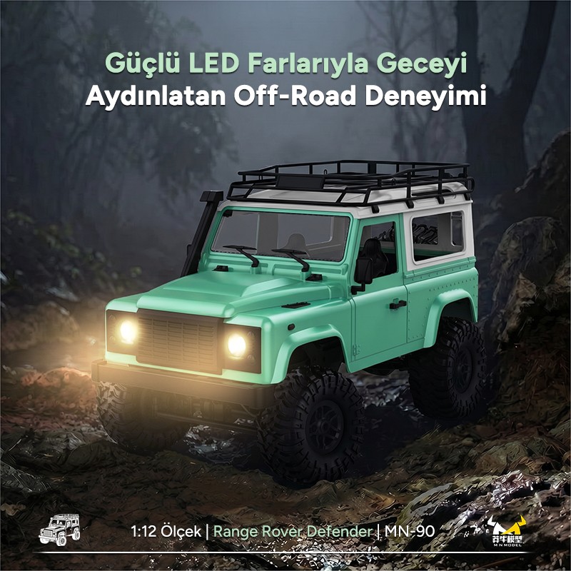 MN Model MN90 1/12 Land Rover Defender D90 4WD RC Model Crawler Offroad Uzaktan Kumandalı Araba Arazi Aracı Truck RTR Yeşil MN-90 +Dahili Işık Seti