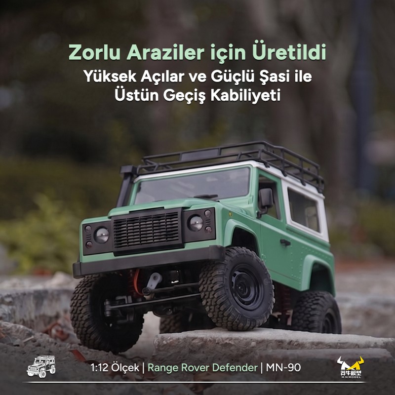 MN Model MN90 1/12 Land Rover Defender D90 4WD RC Model Crawler Offroad Uzaktan Kumandalı Araba Arazi Aracı Truck RTR Yeşil MN-90 +Dahili Işık Seti