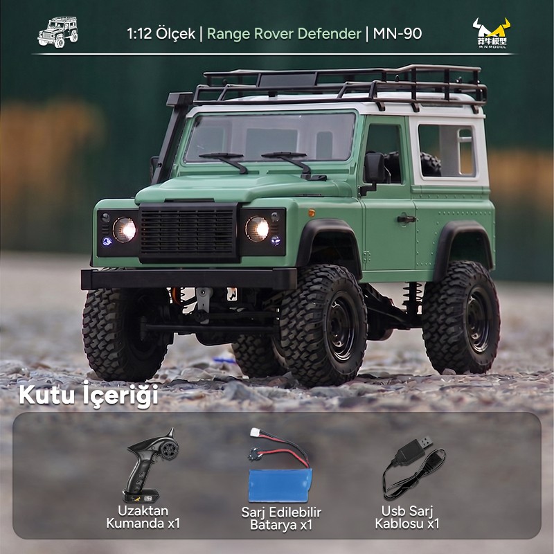 MN Model MN90 1/12 Land Rover Defender D90 4WD RC Model Crawler Offroad Uzaktan Kumandalı Araba Arazi Aracı Truck RTR Yeşil MN-90 +Dahili Işık Seti