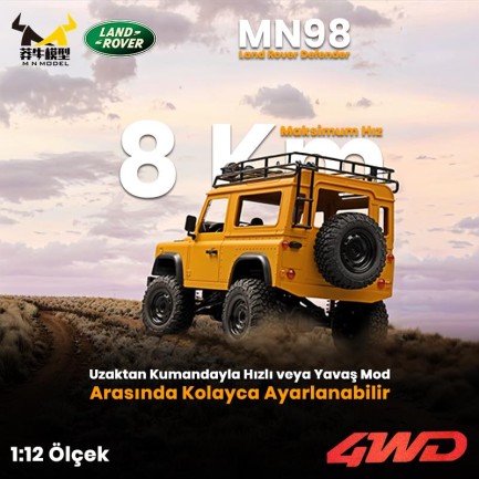 MN Model MN98 V2 1/12 Land Rover Defender D90 4WD RC Model Crawler Offroad Uzaktan Kumandalı Araba Truck RTR Lisanslı Sarı+Dahili Işık Seti MN-98 - Thumbnail