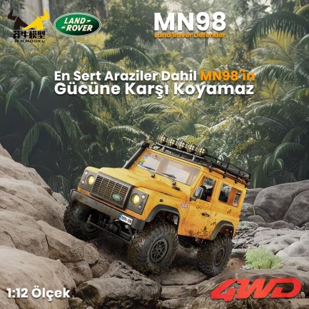 MN Model MN98 V2 1/12 Land Rover Defender D90 4WD RC Model Crawler Offroad Uzaktan Kumandalı Araba Truck RTR Lisanslı Sarı+Dahili Işık Seti MN-98 - Thumbnail