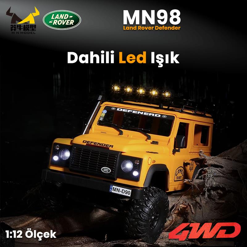 MN Model MN98 V2 1/12 Land Rover Defender D90 4WD RC Model Crawler Offroad Uzaktan Kumandalı Araba Truck RTR Lisanslı Sarı+Dahili Işık Seti MN-98