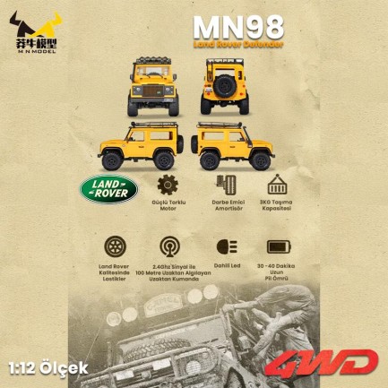 MN Model MN98 V2 1/12 Land Rover Defender D90 4WD RC Model Crawler Offroad Uzaktan Kumandalı Araba Truck RTR Lisanslı Sarı+Dahili Işık Seti MN-98 - Thumbnail