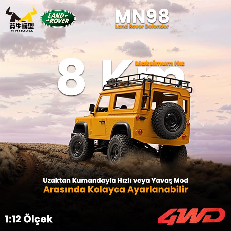 MN Model MN98 V2 1/12 Land Rover Defender D90 4WD RC Model Crawler Offroad Uzaktan Kumandalı Araba Truck RTR Lisanslı Sarı+Dahili Işık Seti MN-98